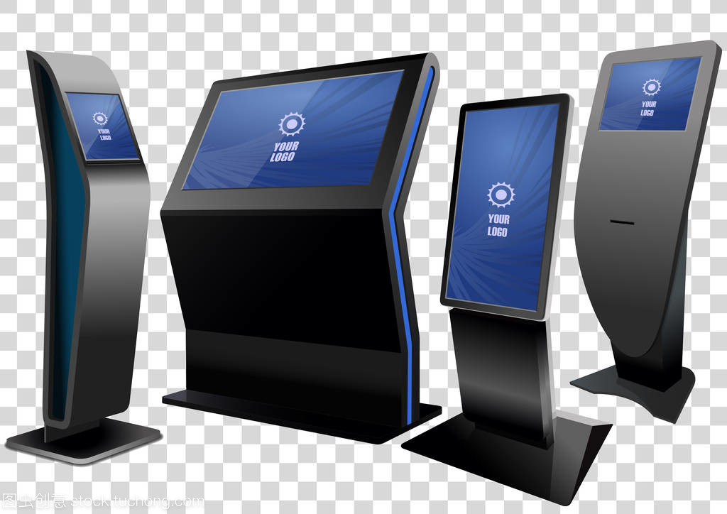 四宣传互动信息亭, 广告展示, 终端展台, 触摸屏显示屏在透明背景下隔离。模拟模板